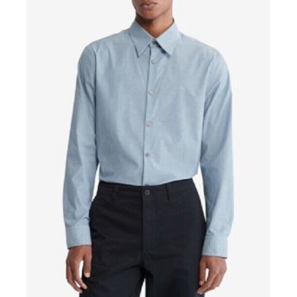 Calvin Klein Mens Button Up Shirt Slim-Fit Chambray Long-Sleeve Blue Size 2XL